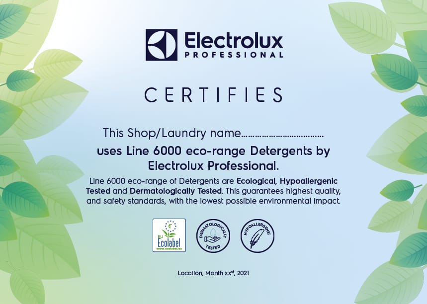 Electrolux Professional Line 6000 eco-range detergents certificate